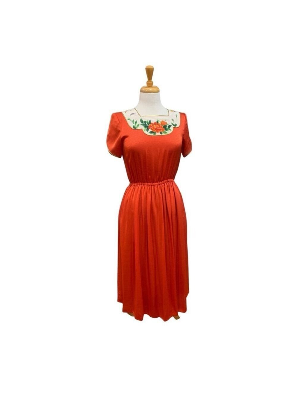 Vntg 70’s Women's Oriental Beauty by Eliza Wang Orange Floral Dress Juniors 9